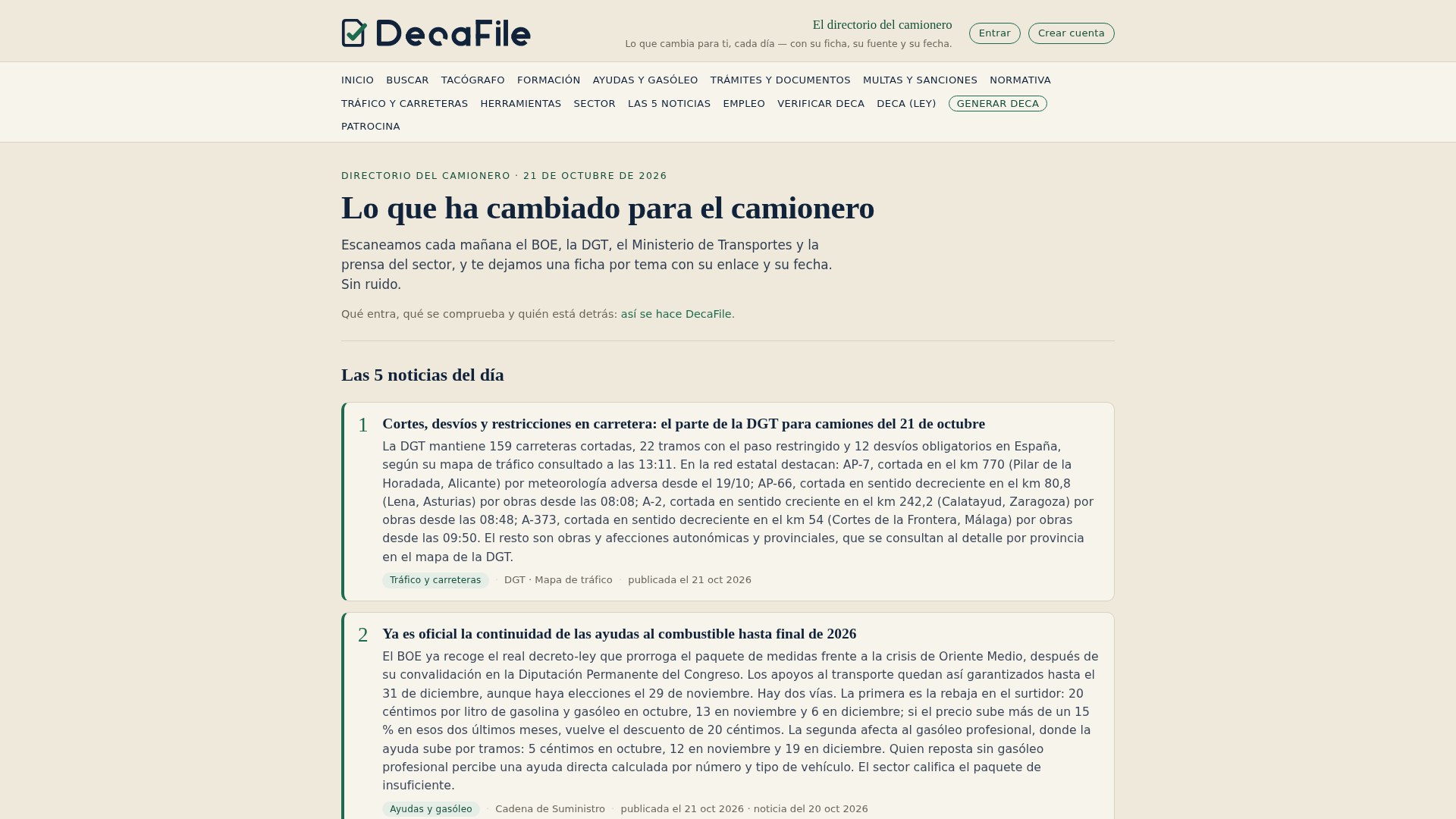 Portada de DecaFile: cabecera con el menú del directorio, el titular del día y las fichas de noticias