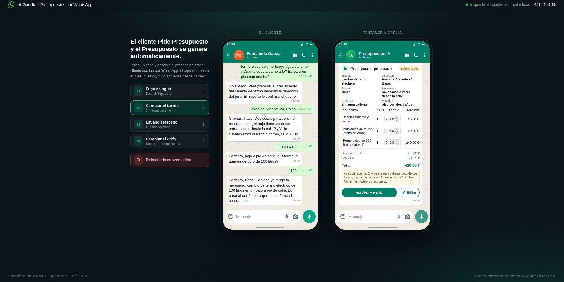 Dos móviles: a la izquierda el cliente pide presupuesto por WhatsApp; a la derecha el presupuesto ya preparado espera la aprobación del profesional